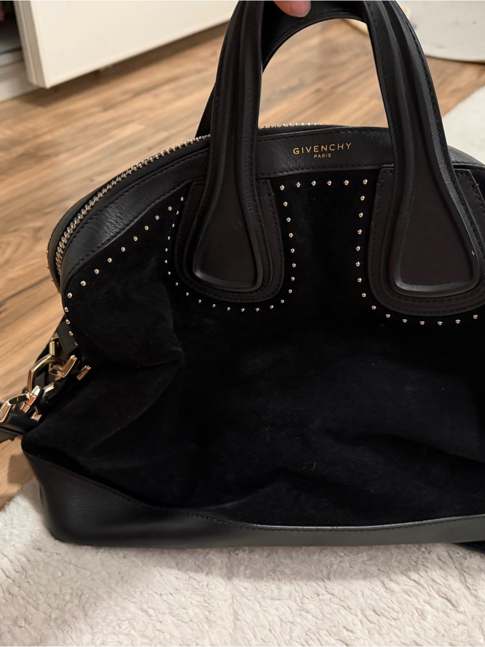 Givenchy Black Leather & Suede Studded Satchel with Gold-Tone Hardware